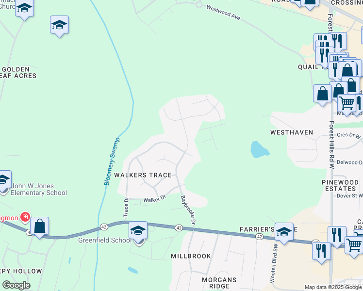 map of restaurants, bars, coffee shops, grocery stores, and more near 3913 Trace Drive in Wilson