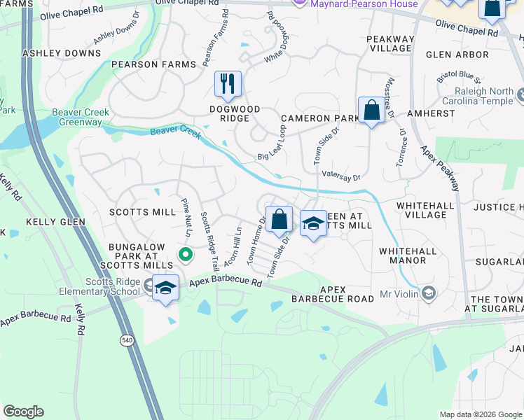 map of restaurants, bars, coffee shops, grocery stores, and more near 304 Village Loop Drive in Apex