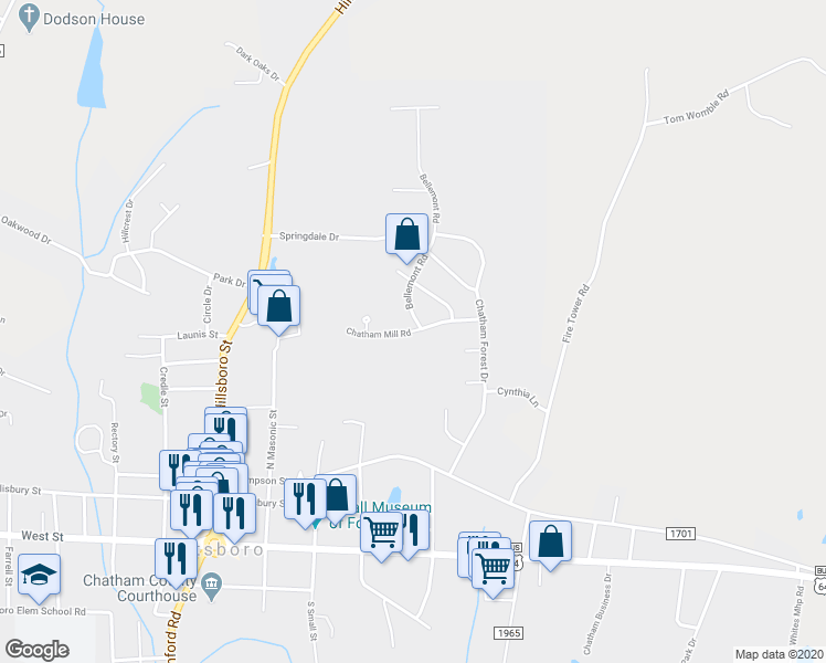 map of restaurants, bars, coffee shops, grocery stores, and more near 170 Chatham Mill Road in Pittsboro