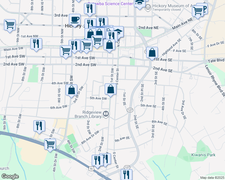 map of restaurants, bars, coffee shops, grocery stores, and more near 415 1st Street Southwest in Hickory