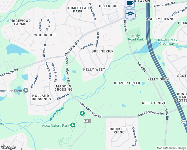 map of restaurants, bars, coffee shops, grocery stores, and more near 322 Kelly West Drive in Apex