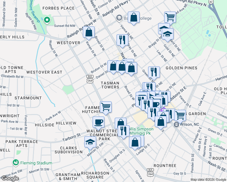 map of restaurants, bars, coffee shops, grocery stores, and more near 302 Jackson St W in Wilson