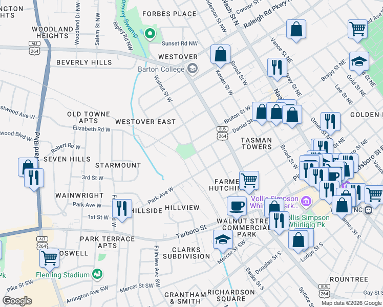 map of restaurants, bars, coffee shops, grocery stores, and more near in Wilson