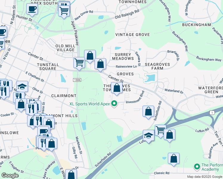 map of restaurants, bars, coffee shops, grocery stores, and more near 245 Old Grove Lane in Apex