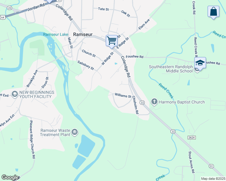 map of restaurants, bars, coffee shops, grocery stores, and more near 1110 Williams Street in Ramseur