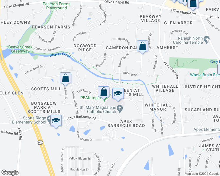 map of restaurants, bars, coffee shops, grocery stores, and more near 530 Village Loop Drive in Apex