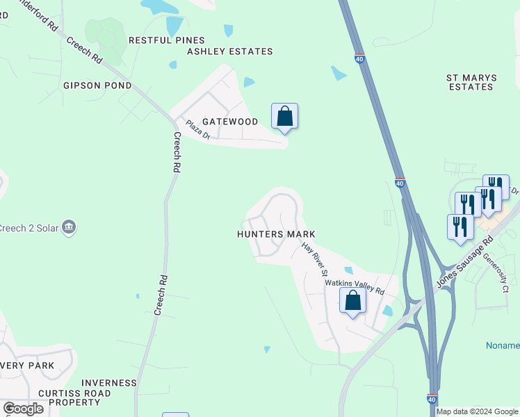 map of restaurants, bars, coffee shops, grocery stores, and more near 780 Hay River Street in Garner