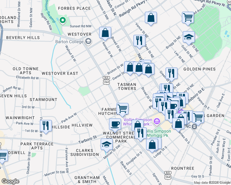 map of restaurants, bars, coffee shops, grocery stores, and more near 317 Park Avenue West in Wilson