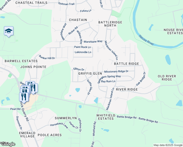 map of restaurants, bars, coffee shops, grocery stores, and more near 4235 Dalcross Road in Raleigh