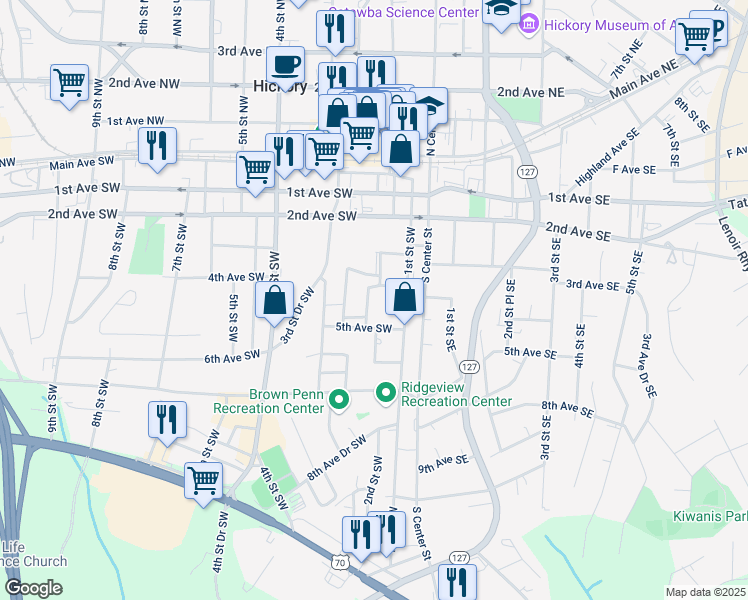 map of restaurants, bars, coffee shops, grocery stores, and more near 417 2nd Street Southwest in Hickory