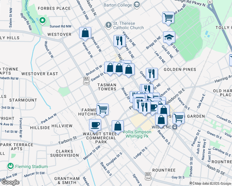 map of restaurants, bars, coffee shops, grocery stores, and more near 312 Kenan Street West in Wilson