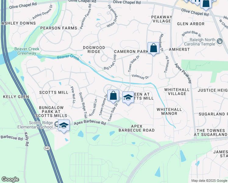 map of restaurants, bars, coffee shops, grocery stores, and more near 433 Village Commons Lane in Apex