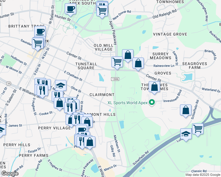 map of restaurants, bars, coffee shops, grocery stores, and more near 904 East Chatham Street in Apex