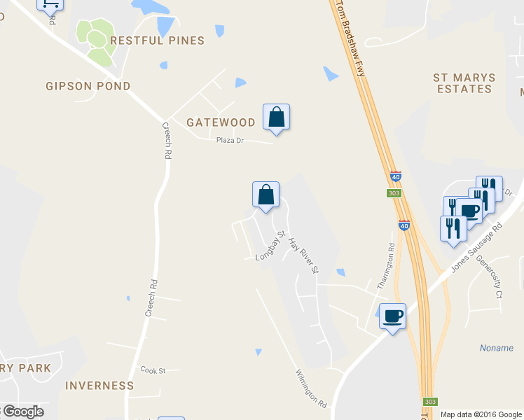map of restaurants, bars, coffee shops, grocery stores, and more near 771 Hay River Street in Garner