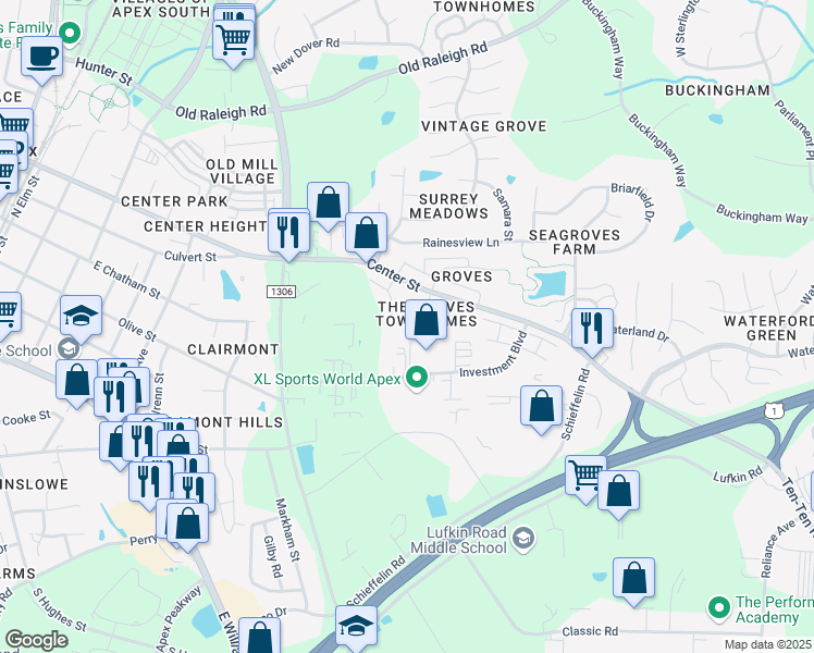 map of restaurants, bars, coffee shops, grocery stores, and more near 245 Old Grove Lane in Apex