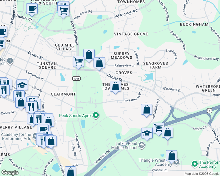 map of restaurants, bars, coffee shops, grocery stores, and more near 245 Old Grove Lane in Apex