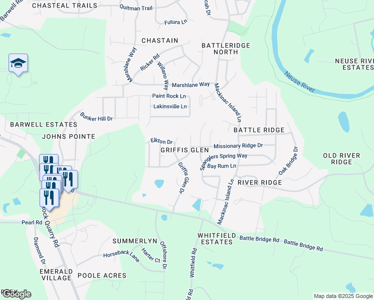 map of restaurants, bars, coffee shops, grocery stores, and more near 4235 Dalcross Road in Raleigh