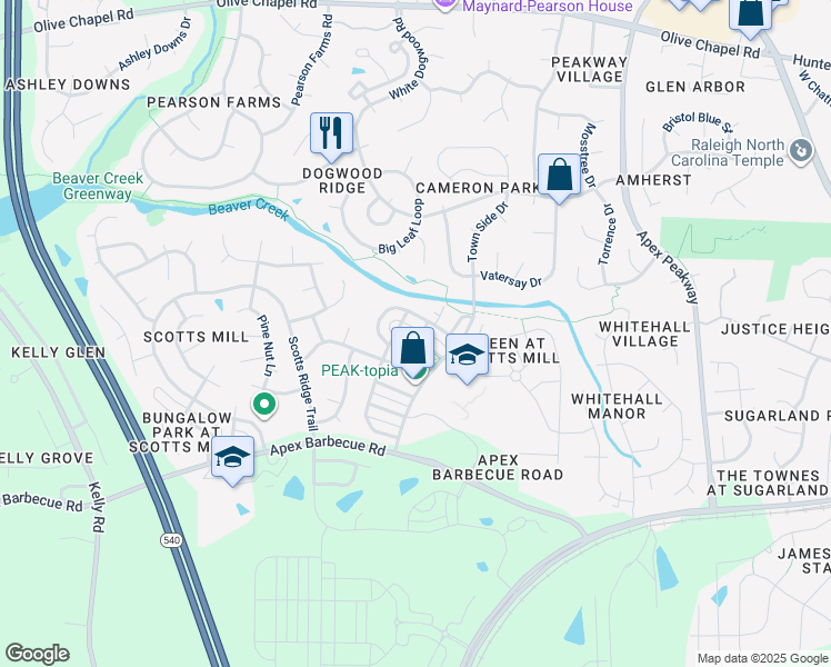 map of restaurants, bars, coffee shops, grocery stores, and more near 433 Village Commons Lane in Apex