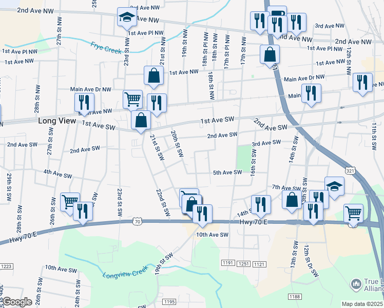 map of restaurants, bars, coffee shops, grocery stores, and more near 304 19th Street Southwest in Hickory