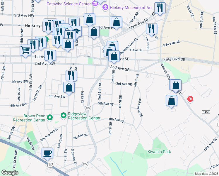 map of restaurants, bars, coffee shops, grocery stores, and more near 336 3rd Street Southeast in Hickory