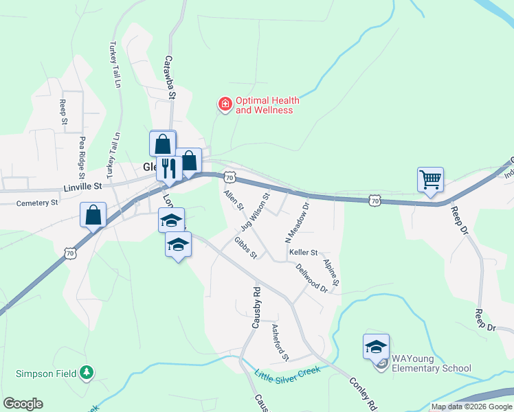 map of restaurants, bars, coffee shops, grocery stores, and more near 202 Jug Wilson Street in Morganton