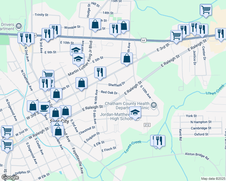 map of restaurants, bars, coffee shops, grocery stores, and more near 707 Red Oak Drive in Siler City