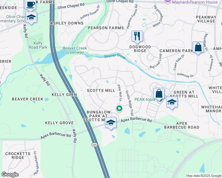 map of restaurants, bars, coffee shops, grocery stores, and more near 310 Burnt Pine Court in Apex