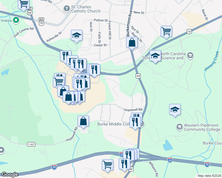 map of restaurants, bars, coffee shops, grocery stores, and more near 200 Barbour Drive in Morganton