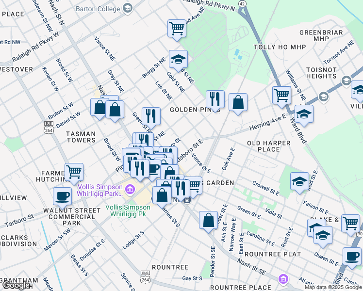 map of restaurants, bars, coffee shops, grocery stores, and more near 100 Vance Street East in Wilson
