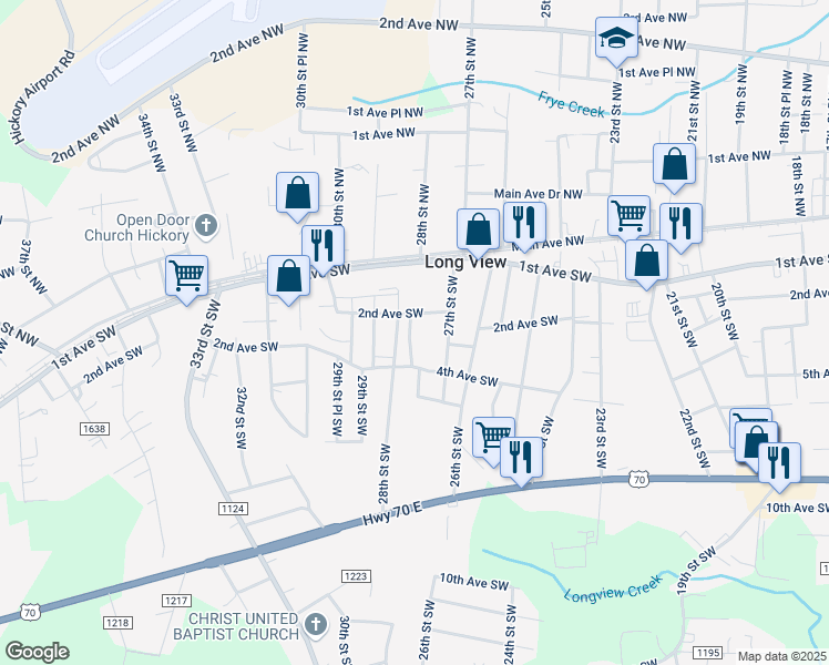 map of restaurants, bars, coffee shops, grocery stores, and more near 171 27th Street Place Southwest in Hickory