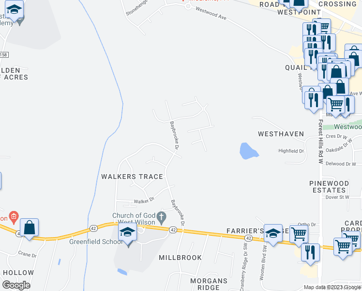 map of restaurants, bars, coffee shops, grocery stores, and more near 3704 Baybrooke Drive in Wilson
