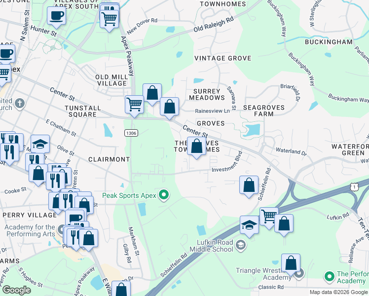 map of restaurants, bars, coffee shops, grocery stores, and more near 245 Old Grove Lane in Apex