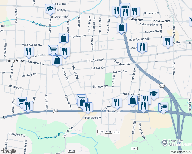 map of restaurants, bars, coffee shops, grocery stores, and more near 1815 3rd Avenue Southwest in Hickory