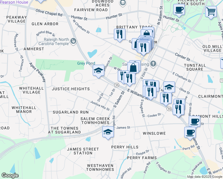 map of restaurants, bars, coffee shops, grocery stores, and more near 415 2nd Street in Apex