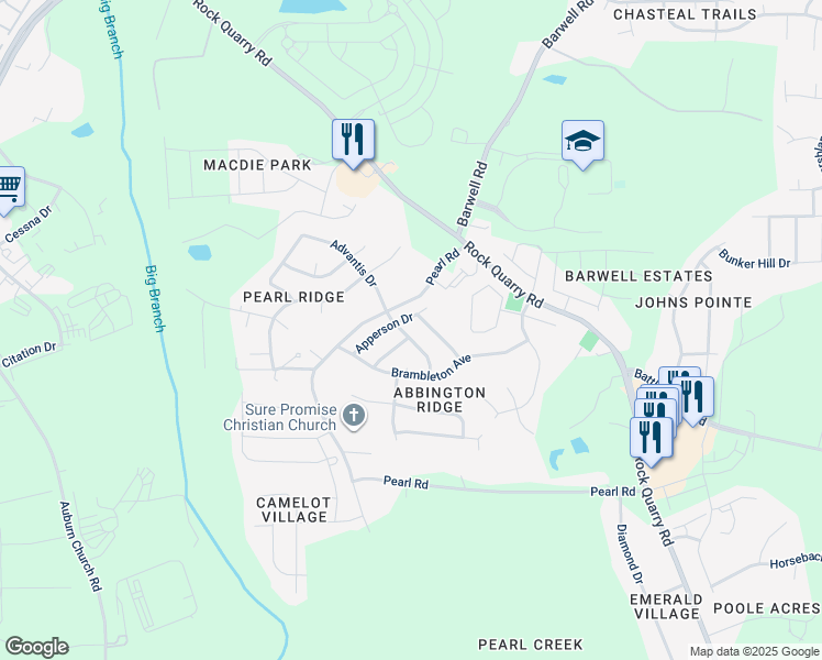 map of restaurants, bars, coffee shops, grocery stores, and more near 5705 Weddington Road in Raleigh