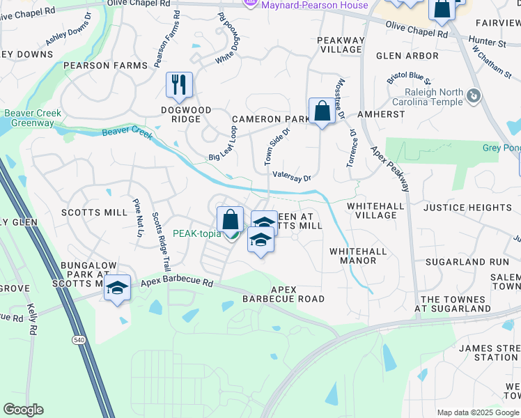 map of restaurants, bars, coffee shops, grocery stores, and more near 1206 Town Side Drive in Apex