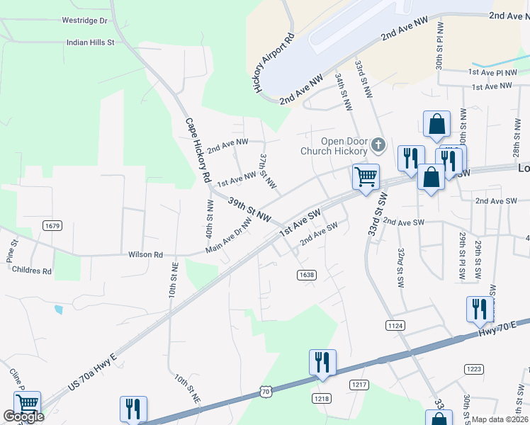 map of restaurants, bars, coffee shops, grocery stores, and more near 32 39th Street Northwest in Hildebran