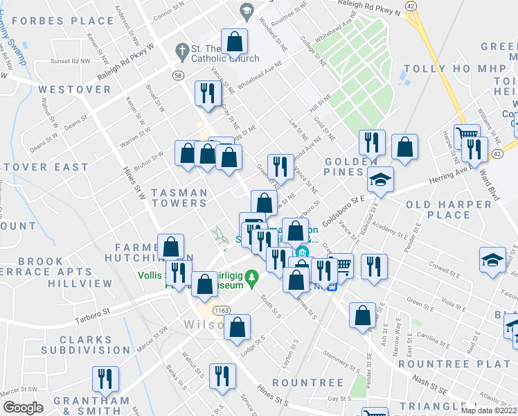 map of restaurants, bars, coffee shops, grocery stores, and more near 215 Nash Street North in Wilson