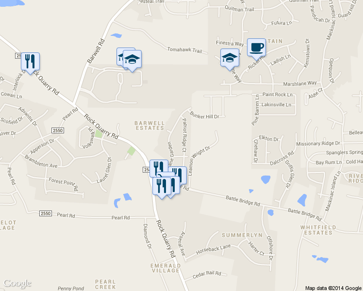 map of restaurants, bars, coffee shops, grocery stores, and more near 3966 Patriot Ridge Ct in Raleigh
