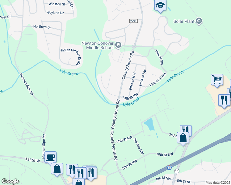 map of restaurants, bars, coffee shops, grocery stores, and more near 1303 County Home Road in Conover