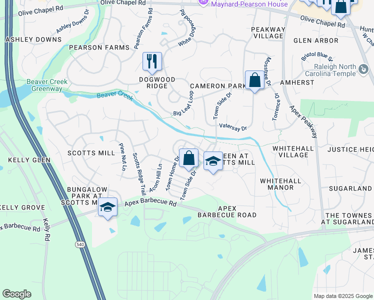 map of restaurants, bars, coffee shops, grocery stores, and more near 417 Village Commons Lane in Apex