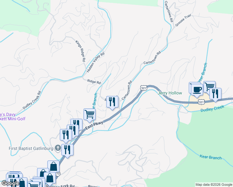 map of restaurants, bars, coffee shops, grocery stores, and more near 739 Ridge Road in Gatlinburg