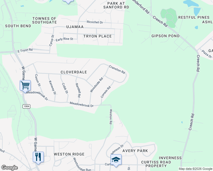 map of restaurants, bars, coffee shops, grocery stores, and more near 3816 Corwin Rd in Garner