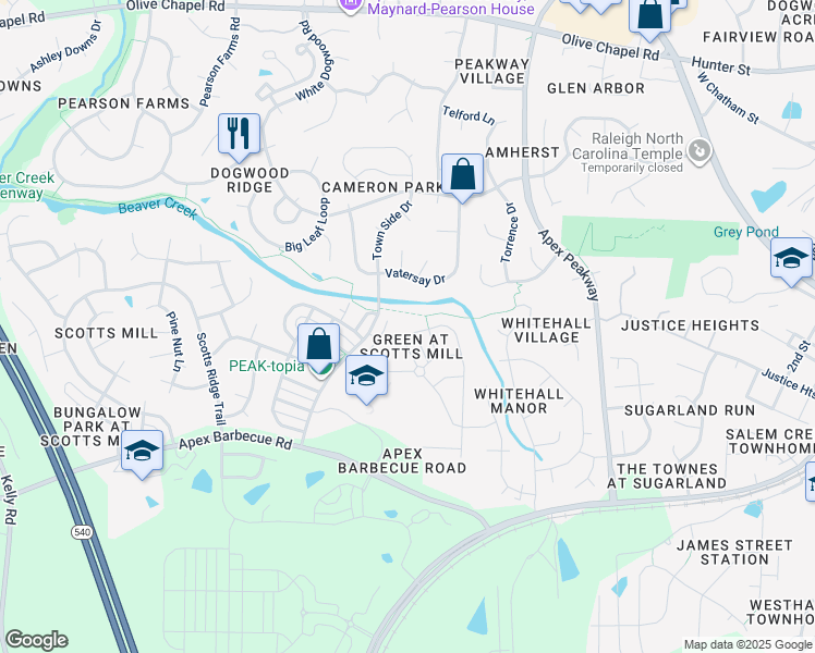 map of restaurants, bars, coffee shops, grocery stores, and more near 119 Homegate Circle in Apex