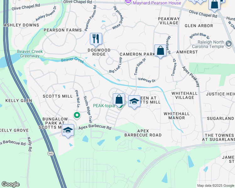 map of restaurants, bars, coffee shops, grocery stores, and more near 413 Village Commons Lane in Apex