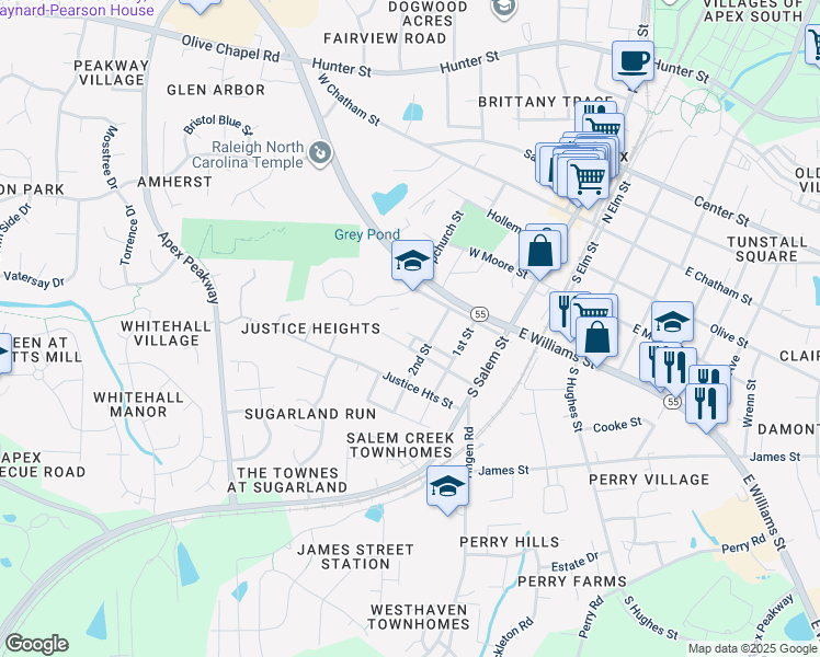 map of restaurants, bars, coffee shops, grocery stores, and more near 402 Baucom Street in Apex