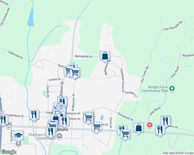 map of restaurants, bars, coffee shops, grocery stores, and more near 12 Randolph Court in Pittsboro