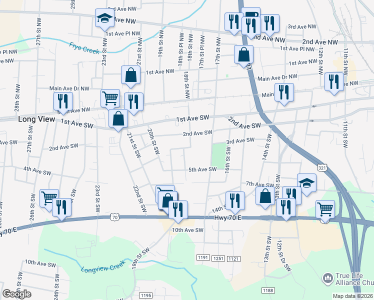 map of restaurants, bars, coffee shops, grocery stores, and more near 1815 3rd Avenue Southwest in Hickory