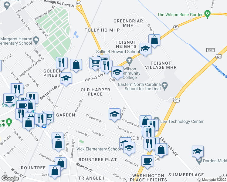 map of restaurants, bars, coffee shops, grocery stores, and more near 4630 Ward Boulevard in Wilson