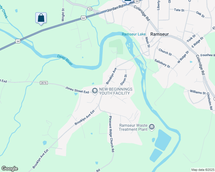 map of restaurants, bars, coffee shops, grocery stores, and more near 2057 Brooklyn Avenue in Ramseur